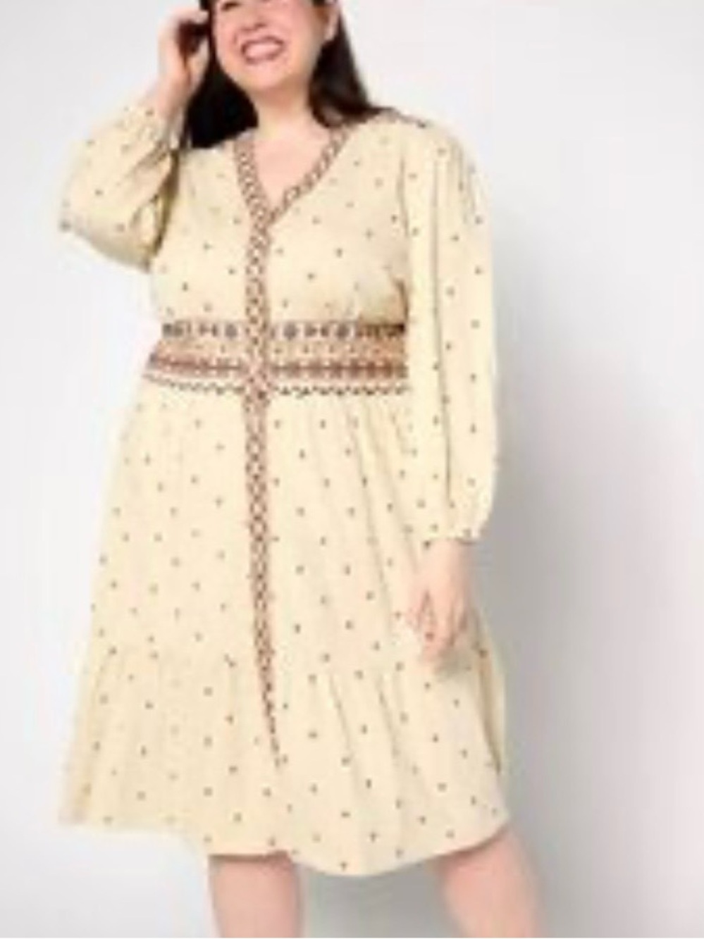 Canyon Retreat Size Medium Petite Cotton Midi Dress with Patterned Trim